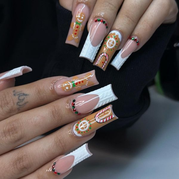 Gingerbread Man Christmas Coffin Nails — Long Christmas Nails 2026