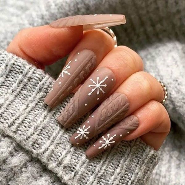 Matte Taupe Cable Knit Snowflakes — Long Christmas Nails 2026