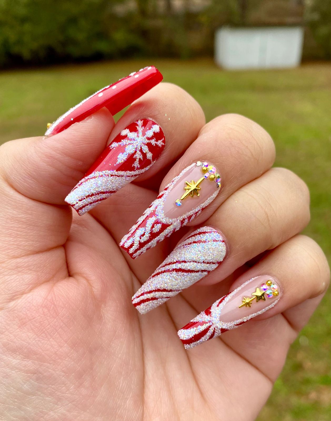 Candy Cane Star Charms Coffin Nails — Long Christmas Nails 2026