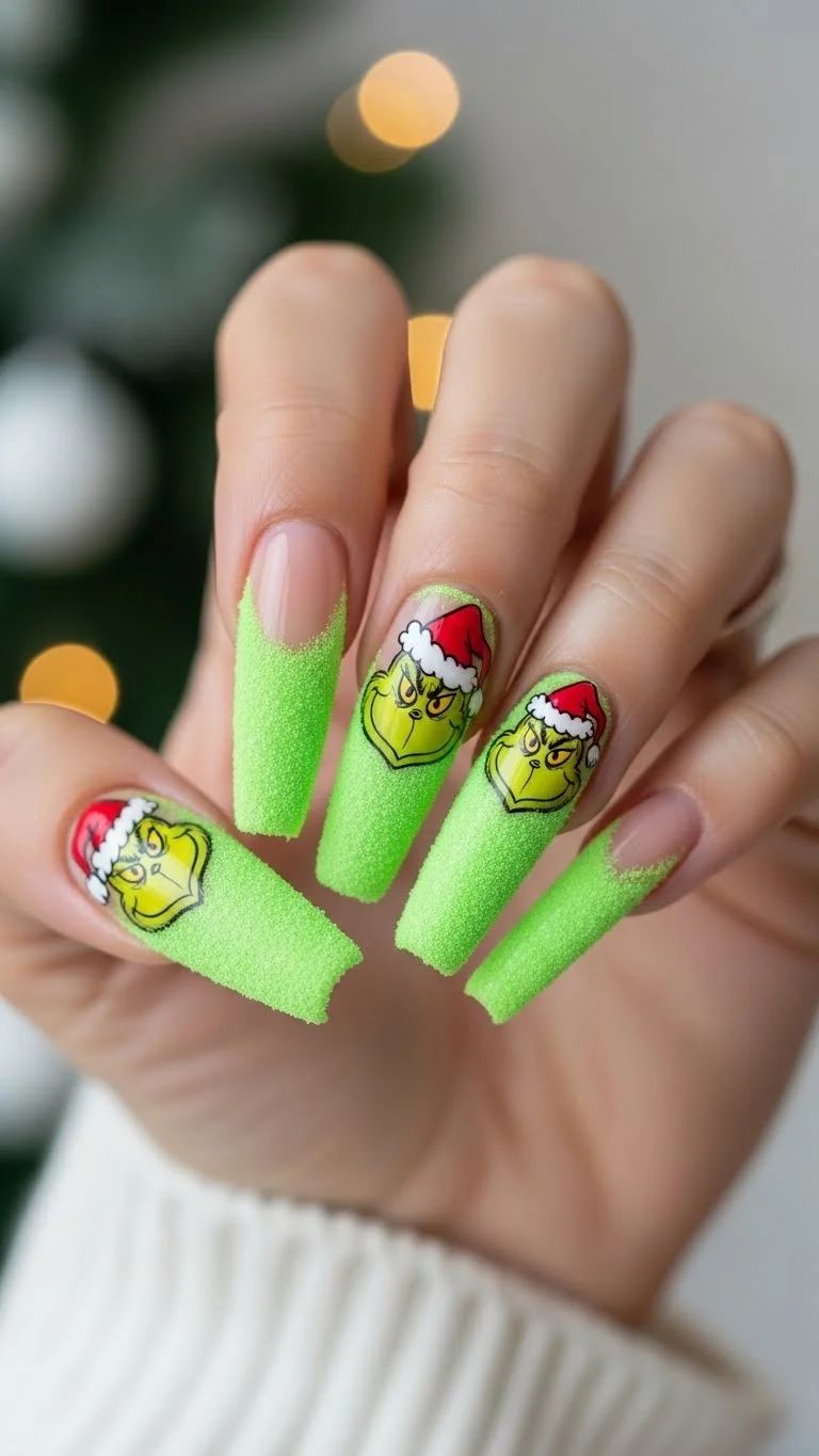 The Grinch Flock Christmas Coffin Nails — Long Christmas Nails 2026