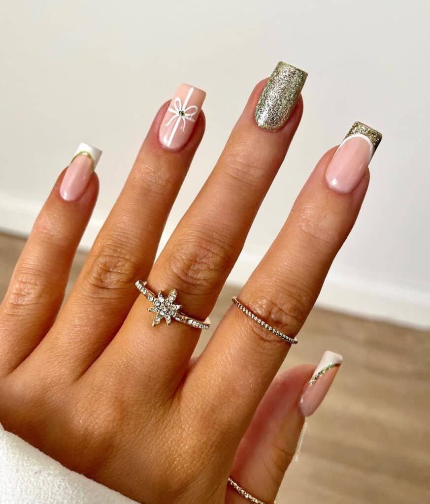 Pink Glitter Bow French Tip Coffin Nails — Short Christmas Coffin Nails 2026