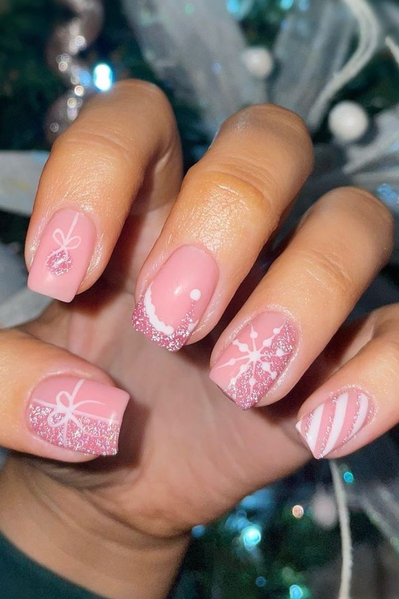 Pink Glitter Bow Santa Hat Coffin Nails — Short Christmas Coffin Nails 2026