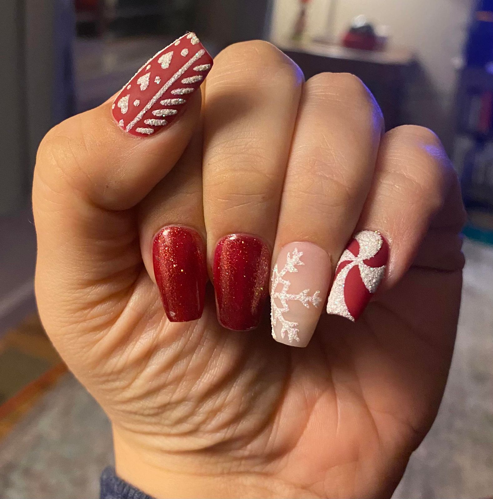 Red White Heart Candy Cane Coffin Nails — Short Christmas Coffin Nails 2026