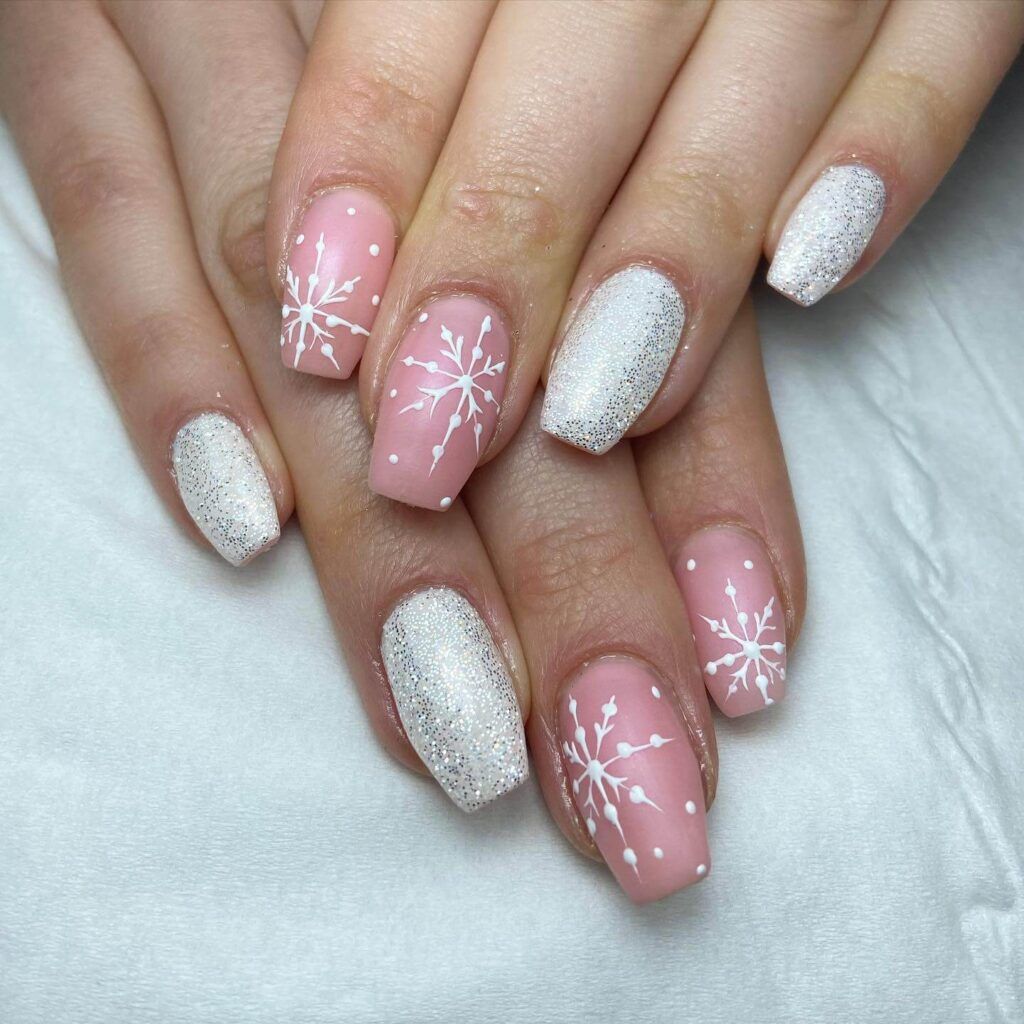 Matte Pink Snowflake Glitter Coffin Nails — Short Christmas Coffin Nails 2026