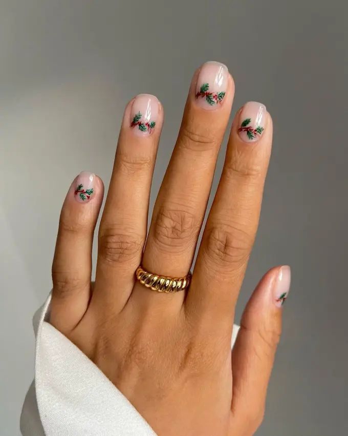 Sheer Nude Holly Motif Coffin Nails — Short Christmas Coffin Nails 2026