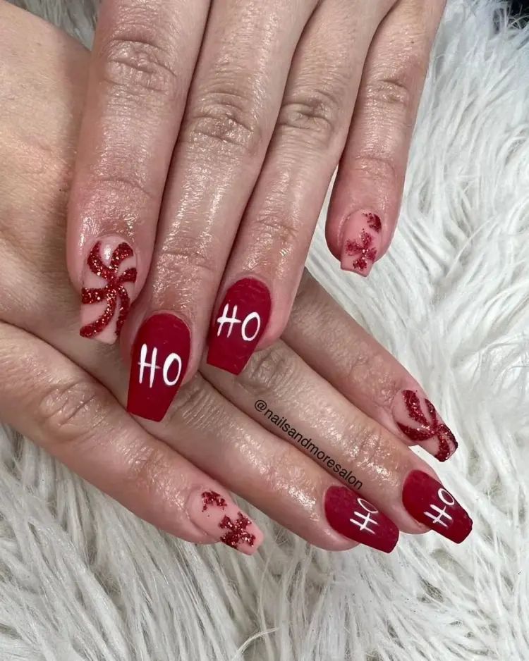 Red 'HO' Text Glitter Swirl Coffin Nails — Short Christmas Coffin Nails 2026