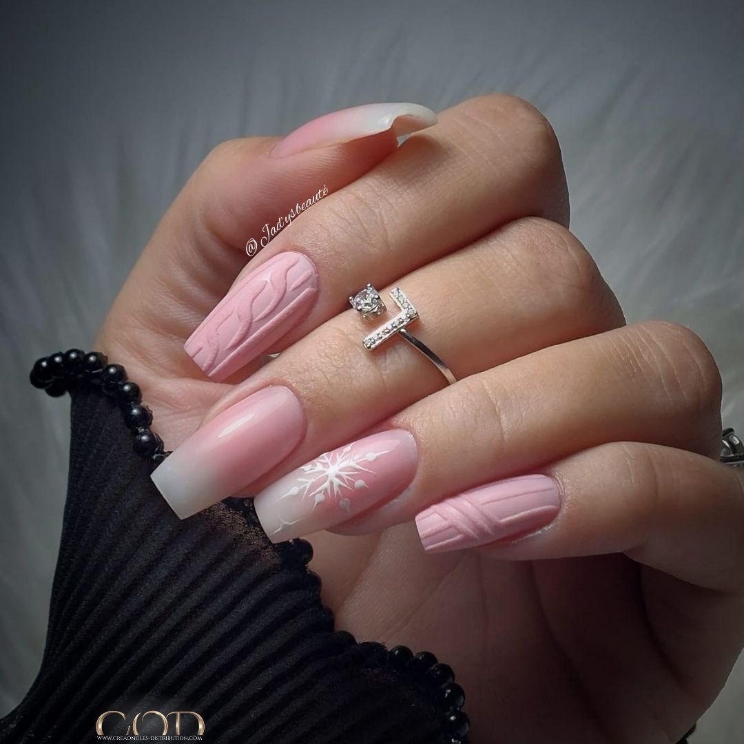 3D Cable Knit & Ombre Snowflake Nails — Christmas Square Nails 2026