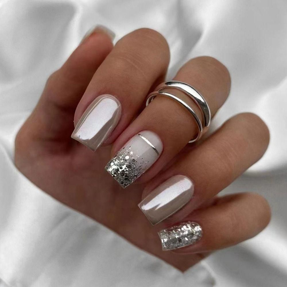 Shimmering Neutral Beige Glitter Accent Nails — Christmas Square Nails 2026