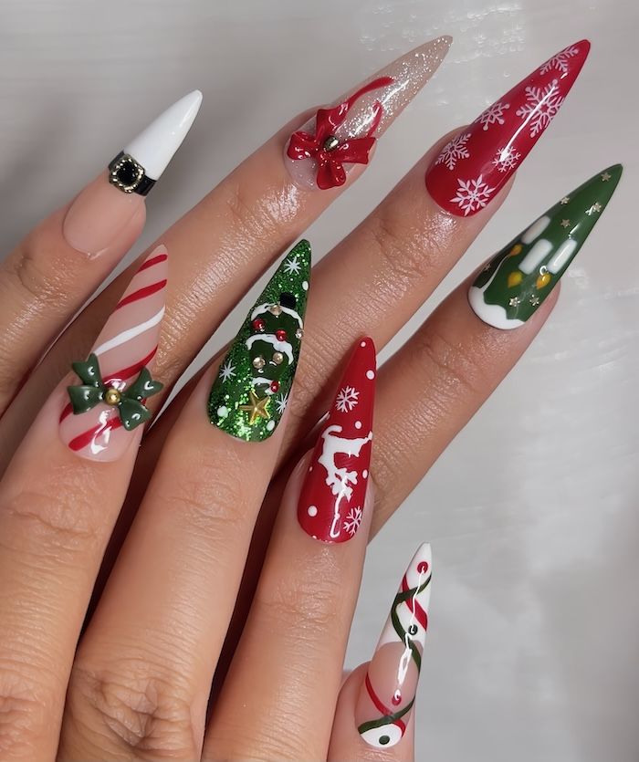 3D Bows and Glitter Tree Stilettos — Christmas Stiletto Nails 2026