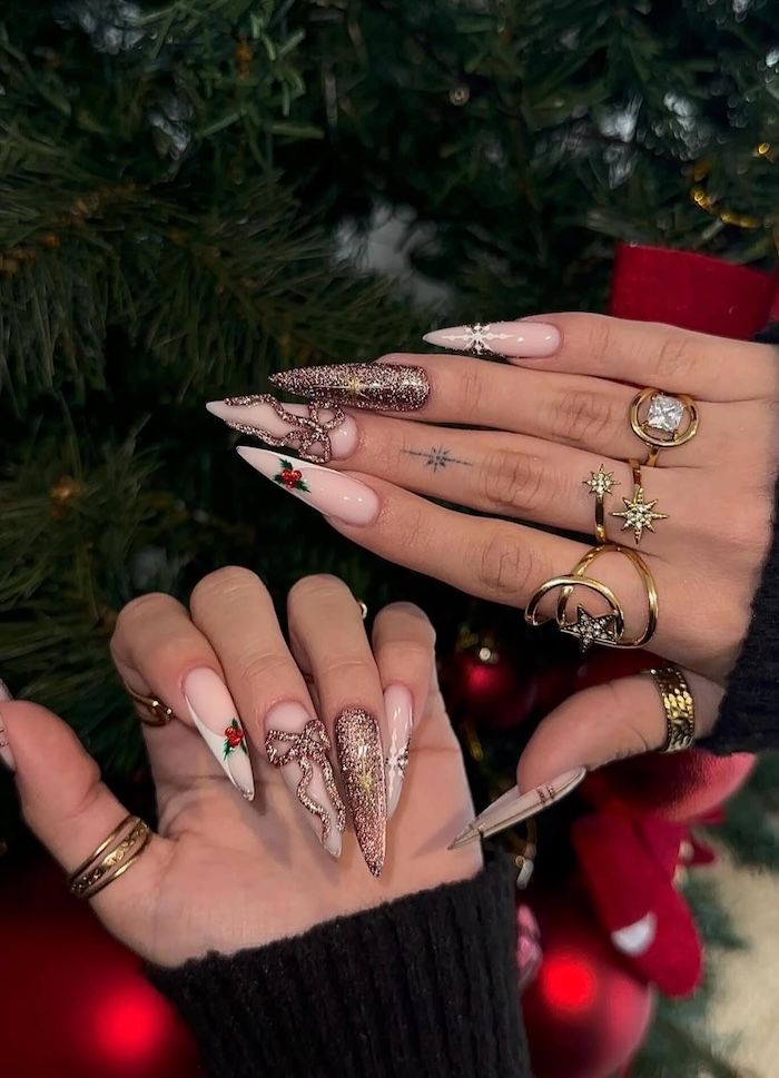 Rose Gold Glitter 3D Bows and Holly Stilettos — Christmas Stiletto Nails 2026