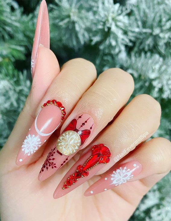 Extra Long 3D Bow and Ornament Stilettos — Christmas Stiletto Nails 2026