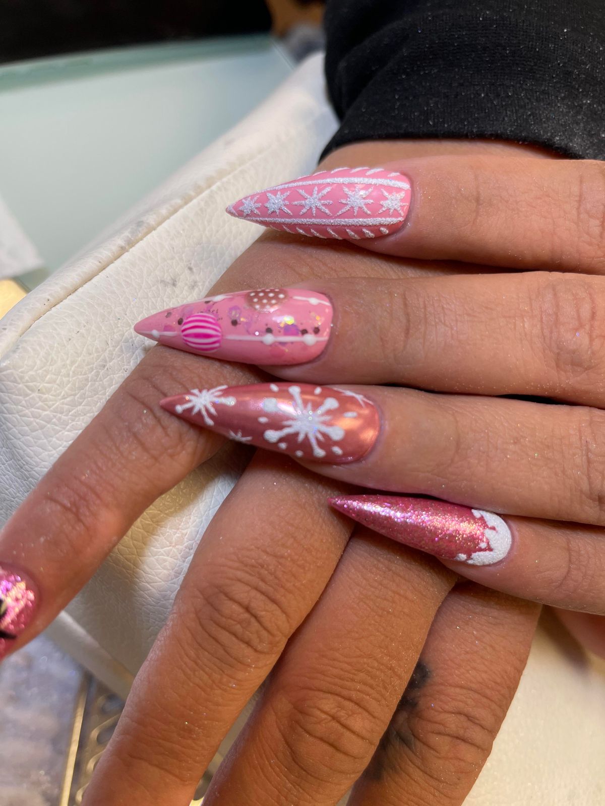 Pink Snowflake and Candy Cane Stilettos — Christmas Stiletto Nails 2026