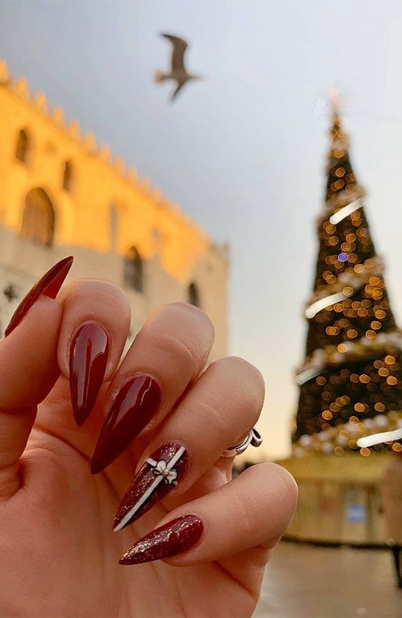 Bold Red Stilettos with Glitter Stripe — Christmas Stiletto Nails 2026