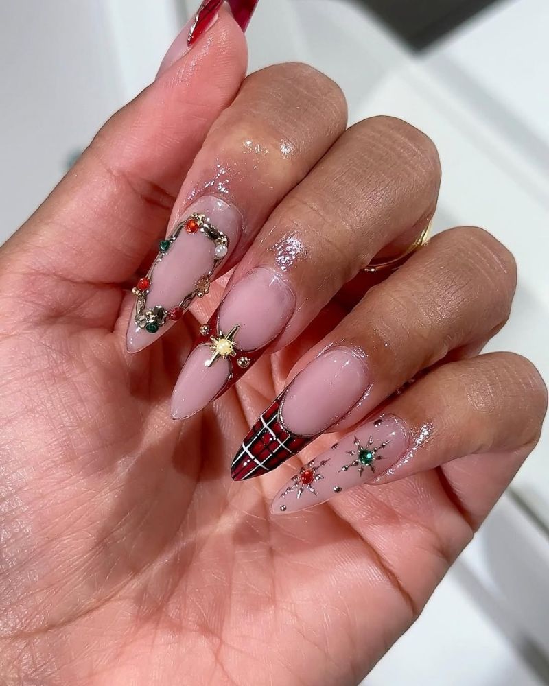 Festive Ornament and Plaid Stilettos — Christmas Stiletto Nails 2026