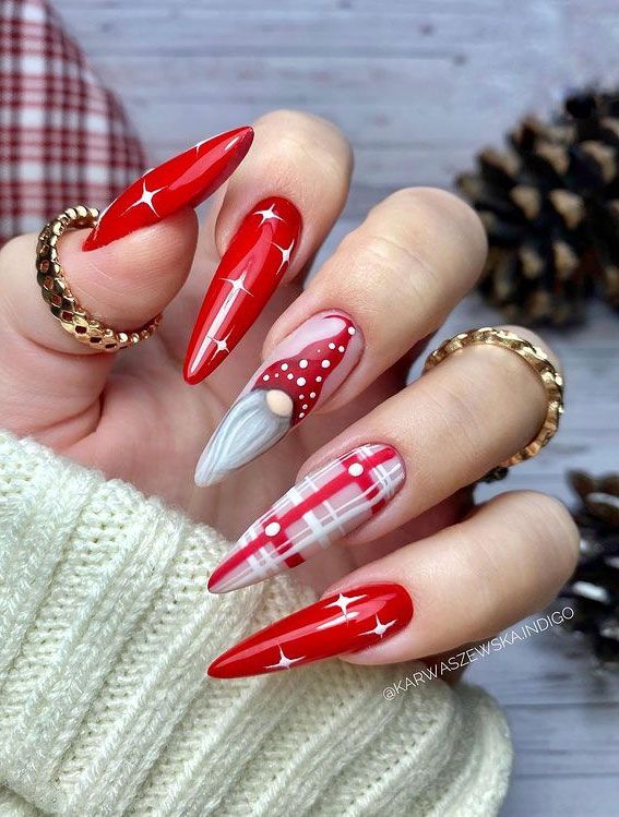 Glossy Festive Gnome and Plaid Stilettos — Christmas Stiletto Nails 2026