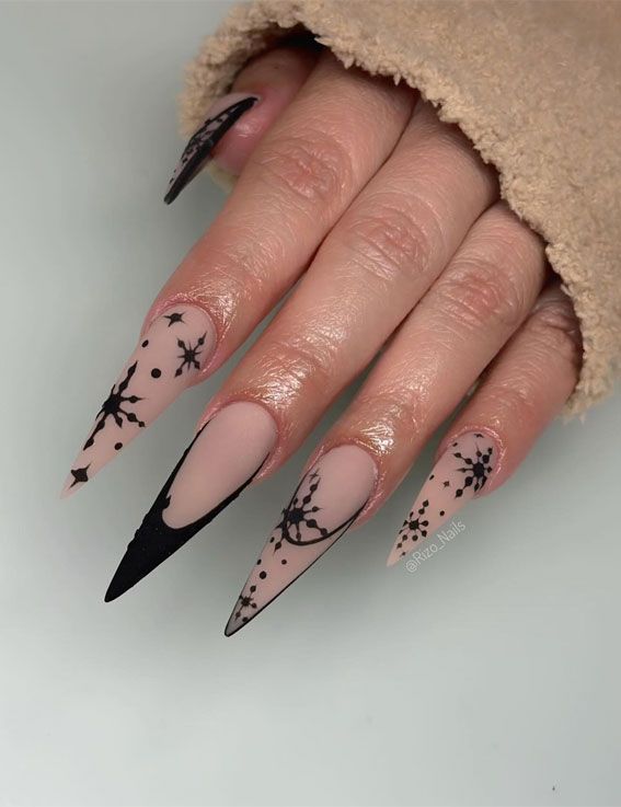 Matte Nude with Black Snowflake French Stilettos — Christmas Stiletto Nails 2026