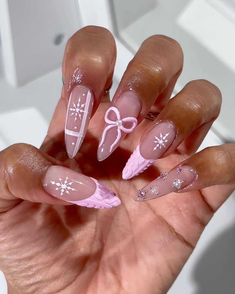 Pastel Pink Plaid and 3D Bow Stilettos — Christmas Stiletto Nails 2026