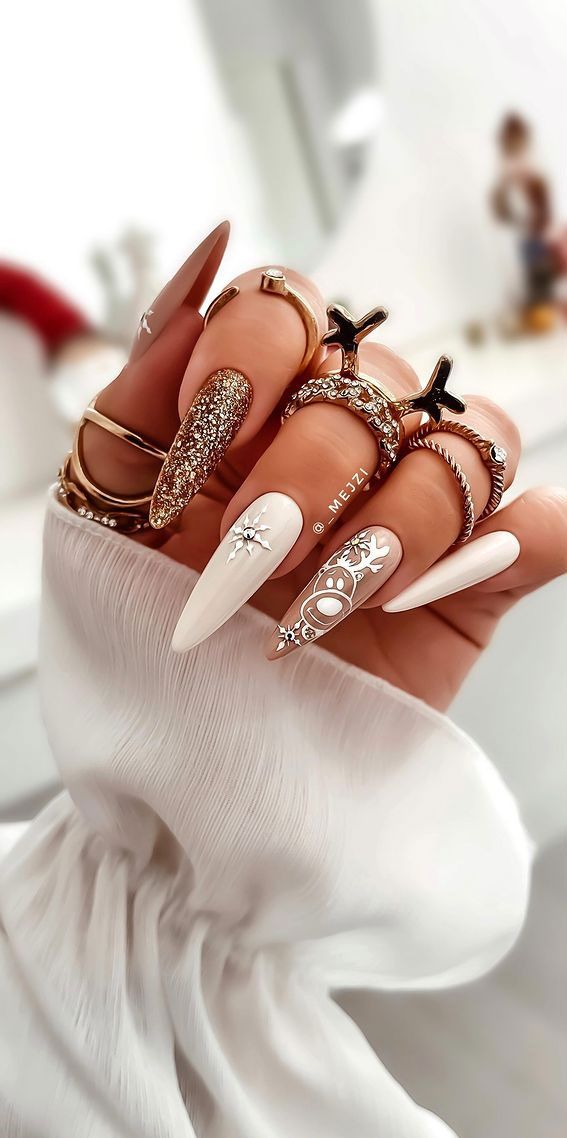 Elegant Reindeer and Snowflake Stilettos — Christmas Stiletto Nails 2026