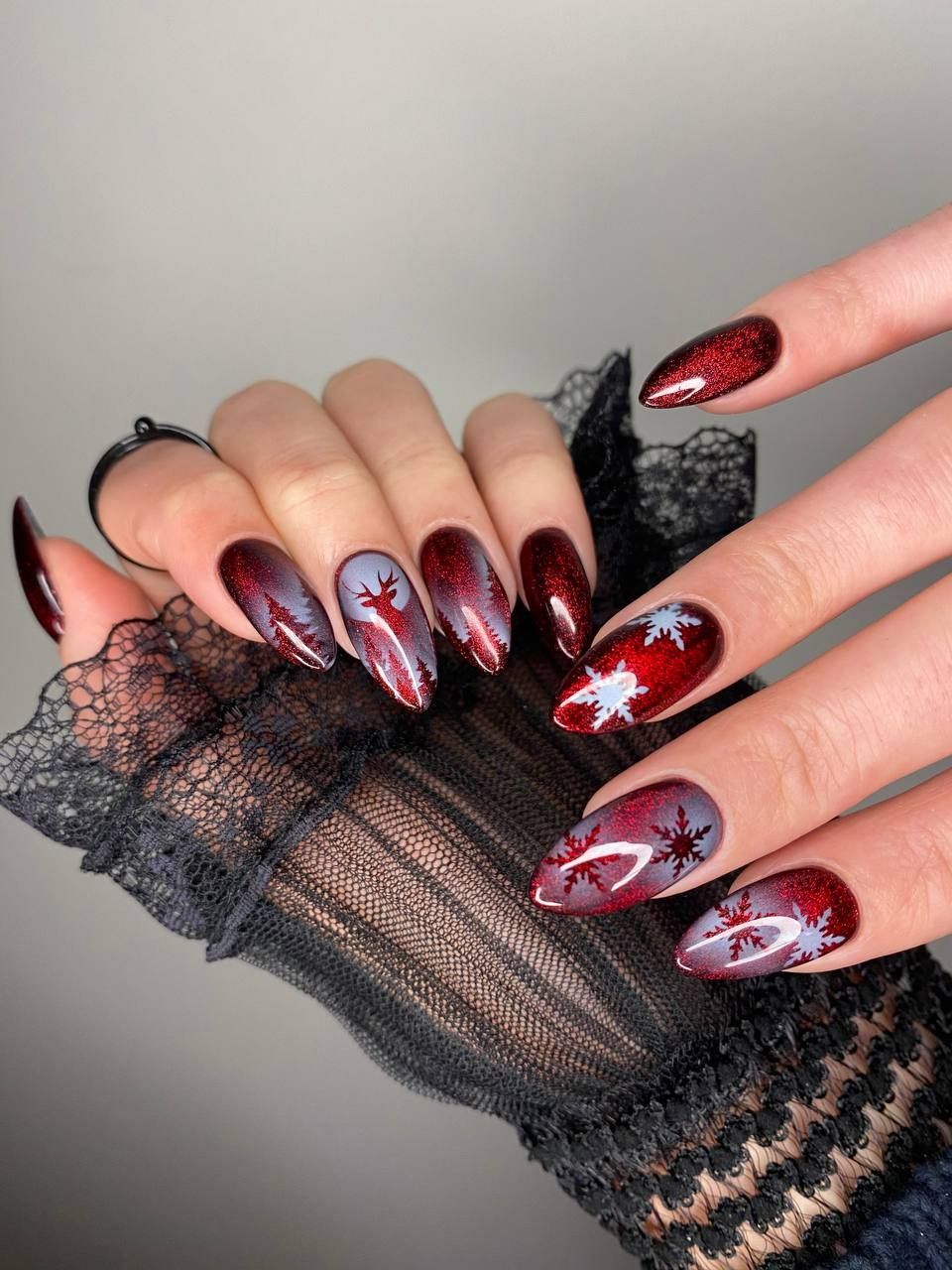 Long Stiletto Red Nails with Forest Scenes Long Stiletto Red Nails with Forest Scenes β Christmas Acrylic Nails 2026