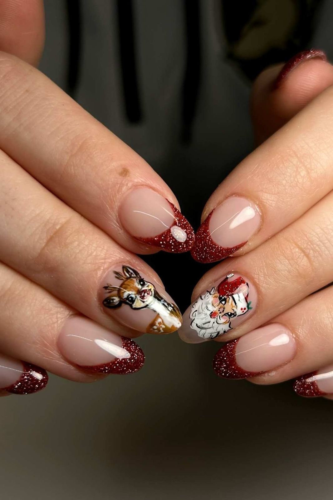 Medium Almond Nails with Santa and Reindeer Art Medium Almond Nails with Santa and Reindeer Art β Christmas Acrylic Nails 2026