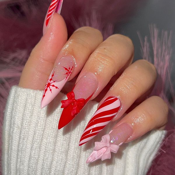 Extra-Long Stiletto Candy Cane with 3D Bows Extra-Long Stiletto Candy Cane with 3D Bows β Red Christmas Nails 2026