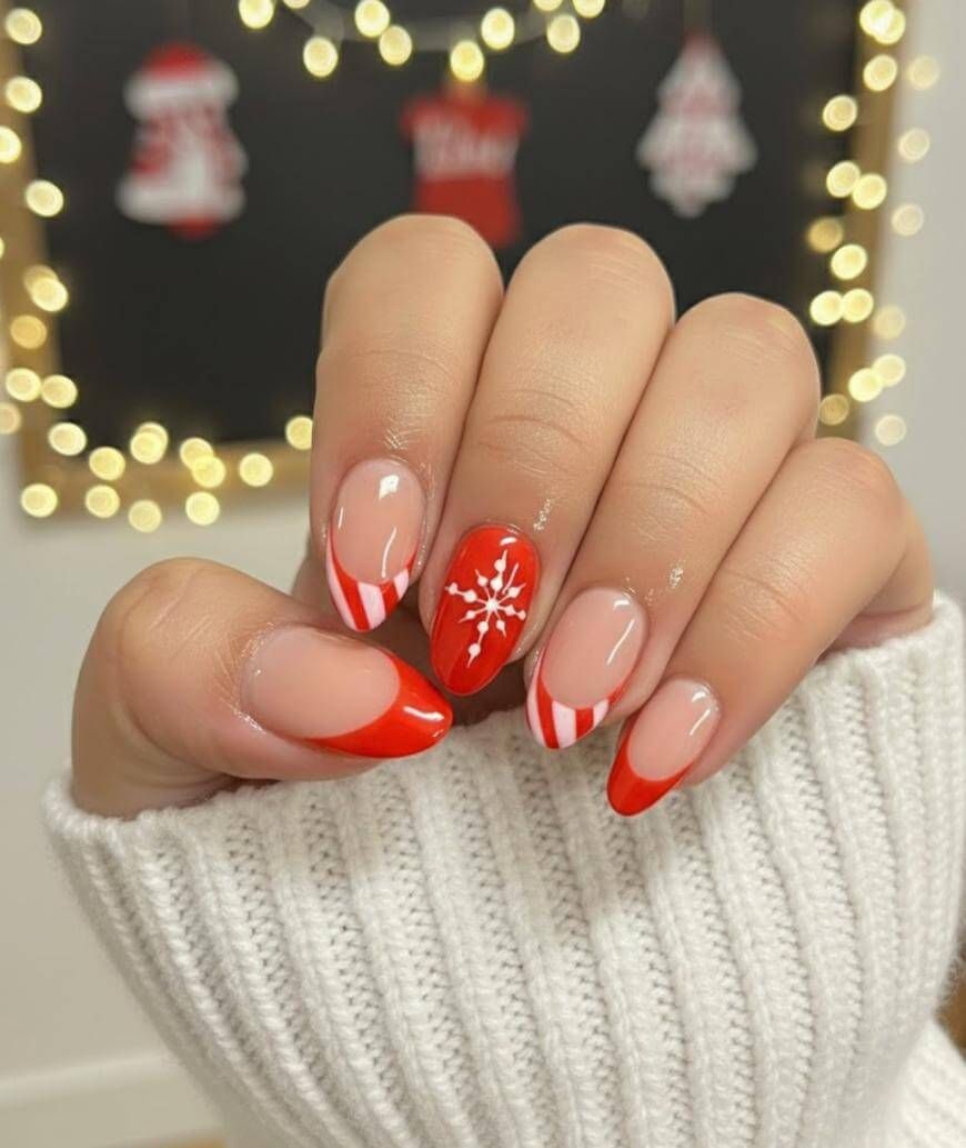 Short Red French Tips with Snowflake Accent Short Red French Tips with Snowflake Accent β Red Christmas Nails 2026