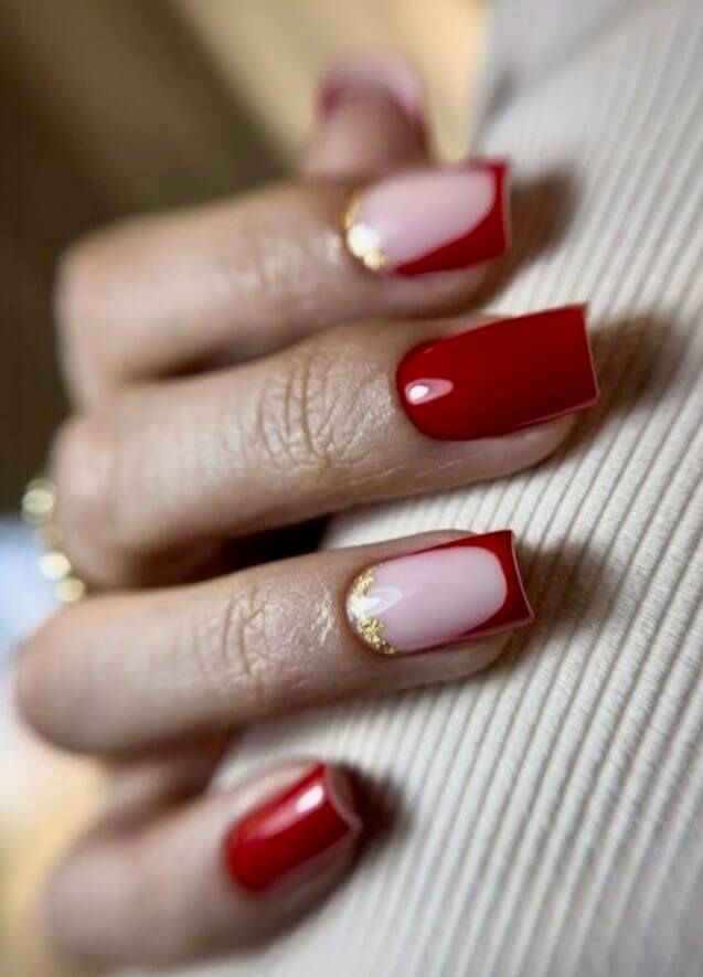 Short Square Red French Tips with Gold Glitter Short Square Red French Tips with Gold Glitter β Red Christmas Nails 2026