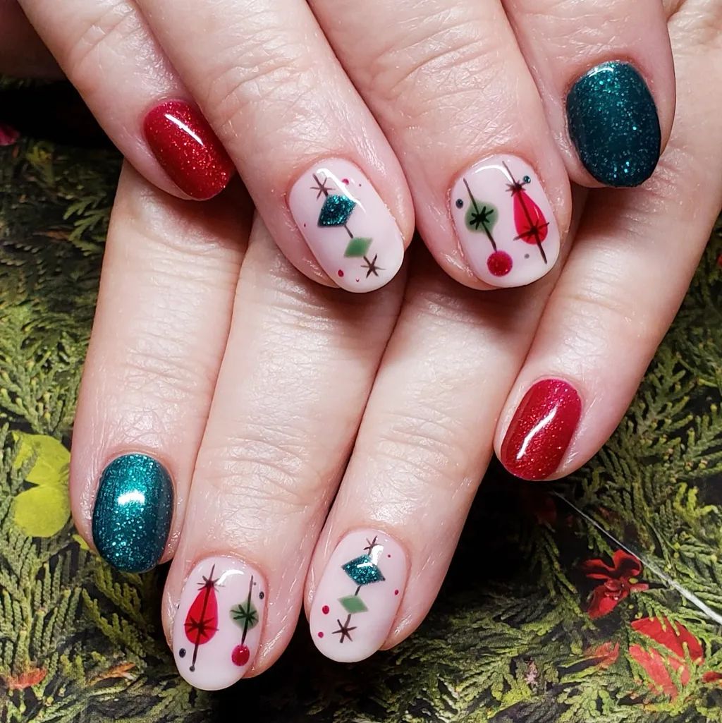 Retro Ornament Decal Short Ovals — Red and Green Christmas Nails 2026