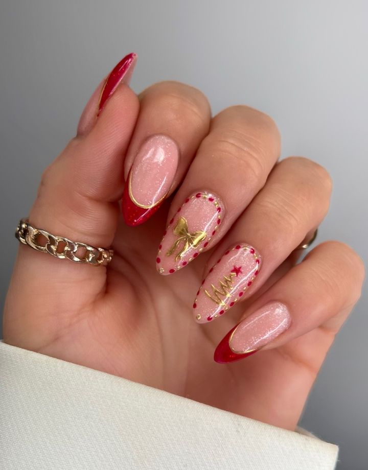 Long Coffin with 3D Gold Bow and Glitter French Long Coffin with 3D Gold Bow and Glitter French β Red and Gold Christmas Nails 2026