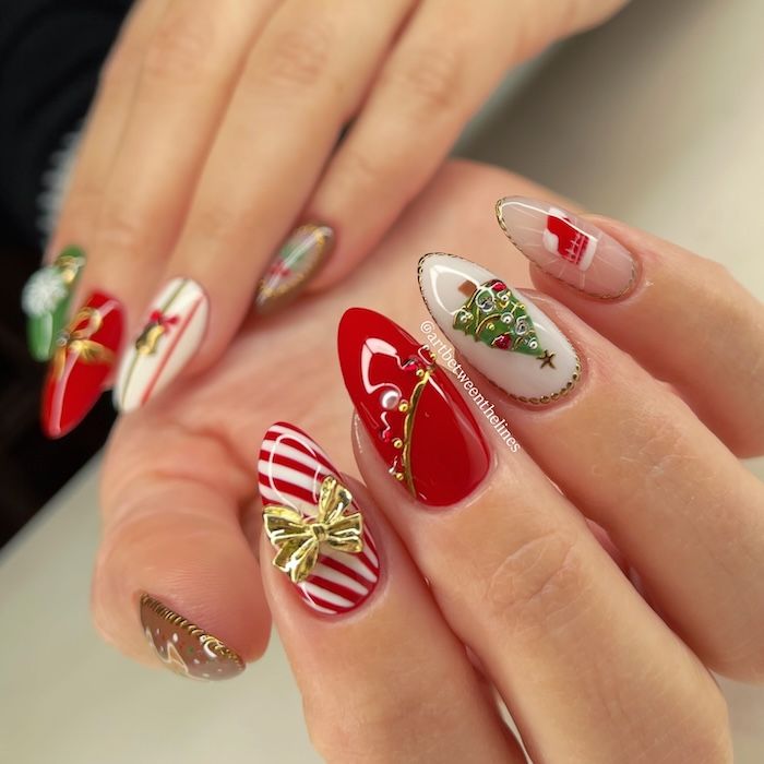 Intricate Christmas Art with Pearls and Bows Intricate Christmas Art with Pearls and Bows β Red and Gold Christmas Nails 2026