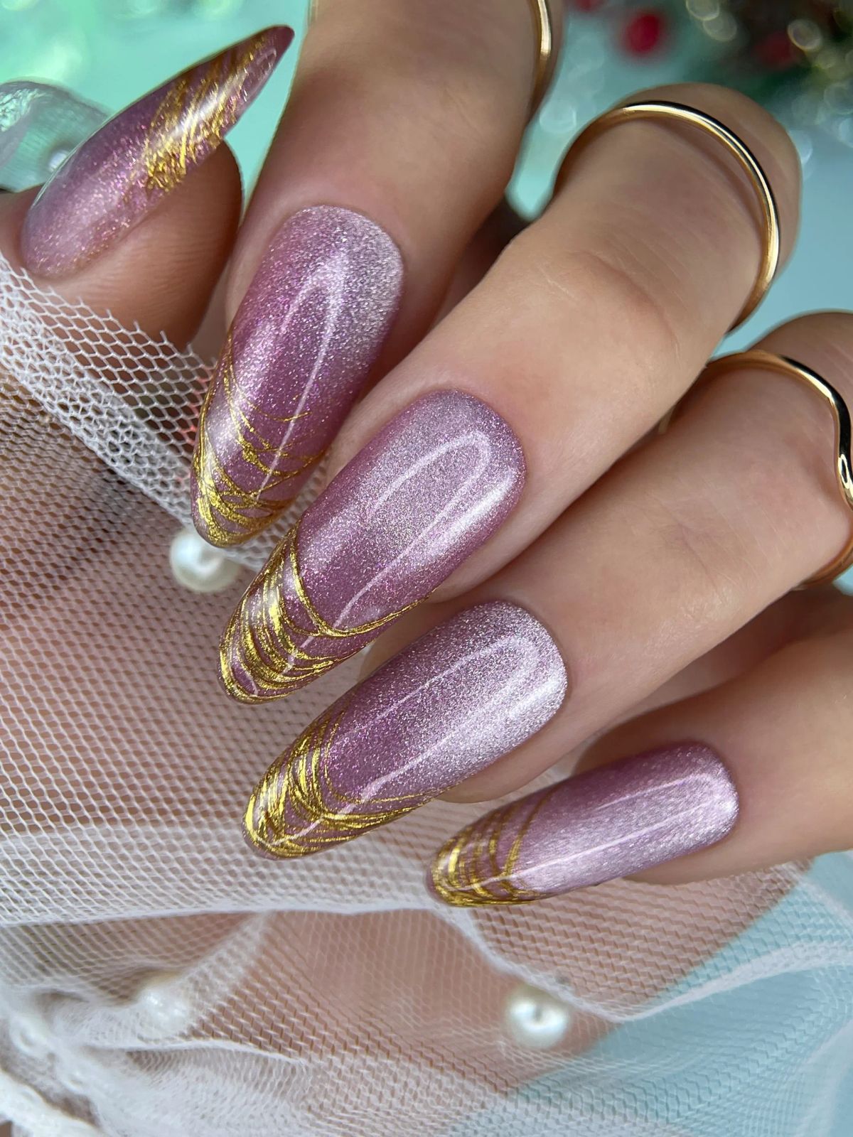 Lilac Gold Swirl Glitter Long Stiletto Nails Lilac Gold Swirl Glitter Long Stiletto Nails β Christmas Nails for Work 2026