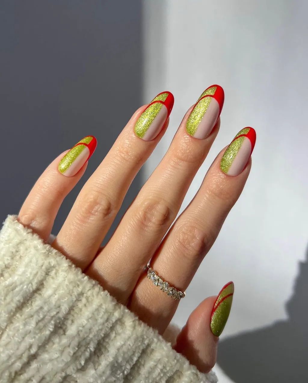 Nude Sheer Red Glitter French Nails — Christmas Nails for Women Over 50 2026