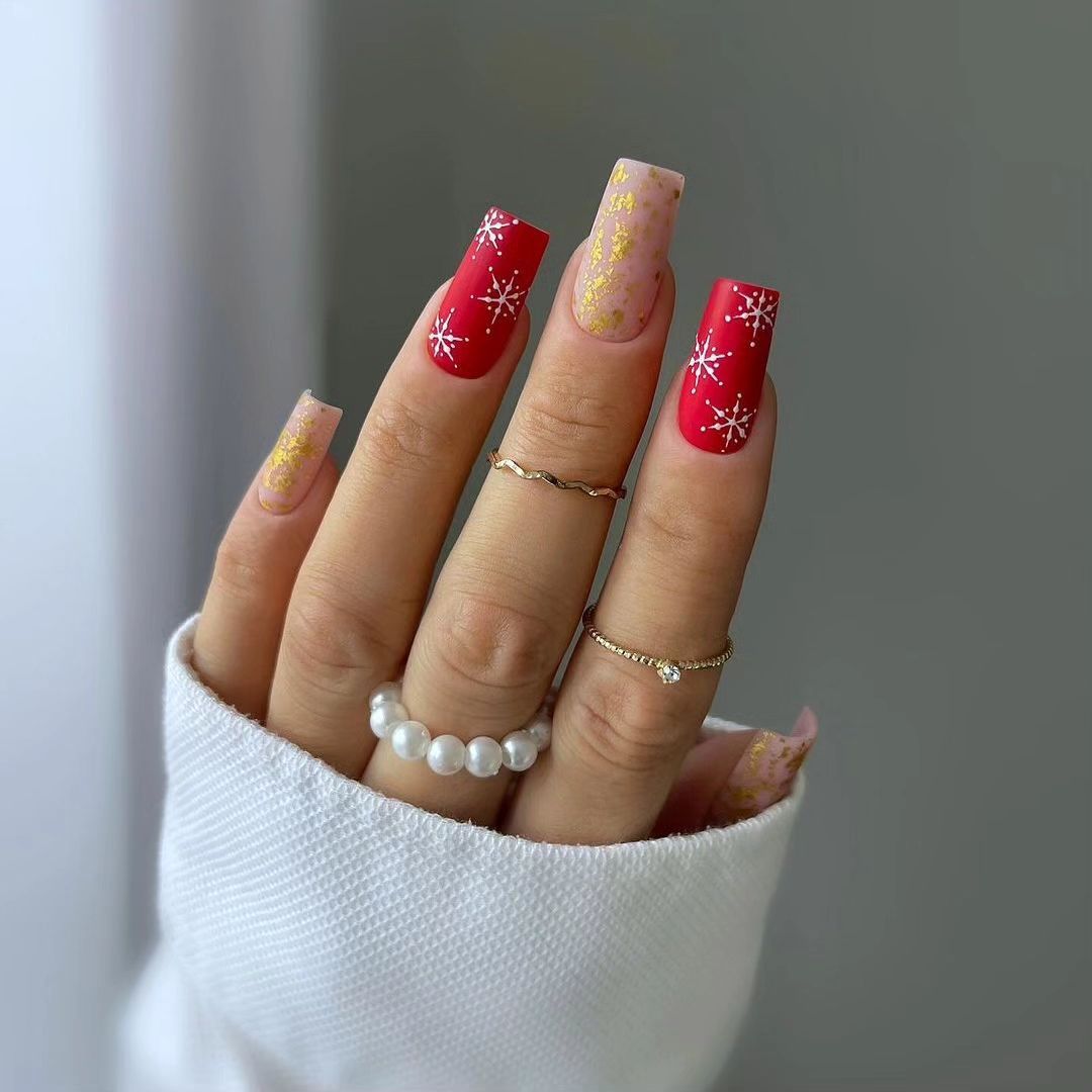 Red French Snowflake Gold Foil Nails — Christmas Nails for Women Over 50 2026