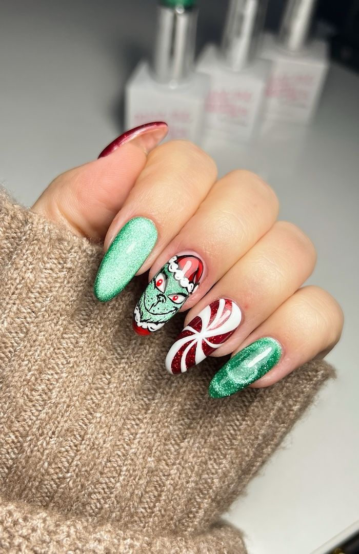 Long Almond Grinch Portrait and Candy Cane Long Almond Grinch Portrait and Candy Cane β Grinch Nails 2026