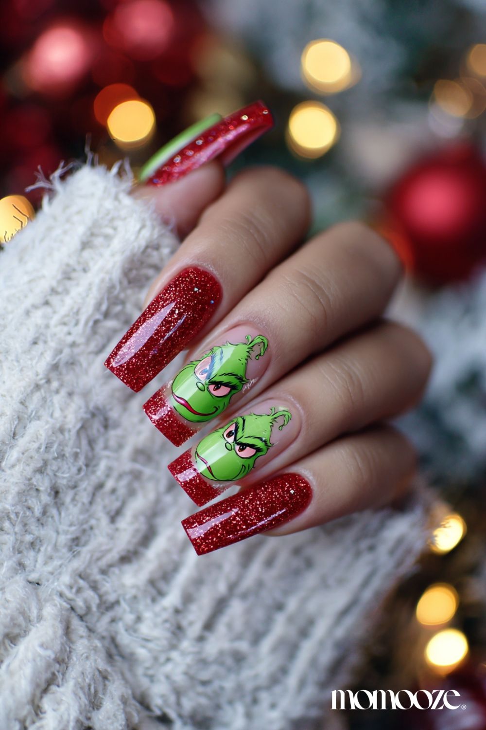 Red Glitter Grinch Face on Long Coffin Red Glitter Grinch Face on Long Coffin β Grinch Nails 2026