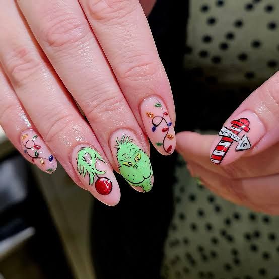 Nude Almond Grinch Face and Lights Nude Almond Grinch Face and Lights β Grinch Nails 2026