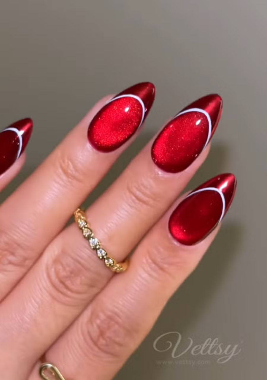 Deep Red Cat-Eye French Tip Stiletto — Holiday Nail Colors 2026