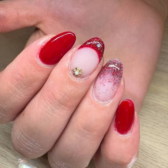 Red French with Glitter Gradient Red French with Glitter Gradient β New Years Nails 2027