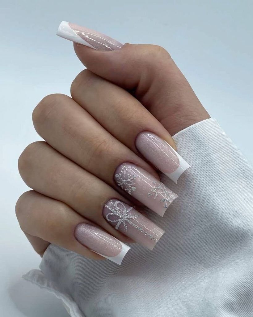 Pale Pink Shimmer Square with Silver Bow — New Years Eve Nails 2027