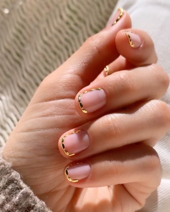 Short Square Pale Pink With Gold Border Short Square Pale Pink With Gold Border β NYE Nails 2027