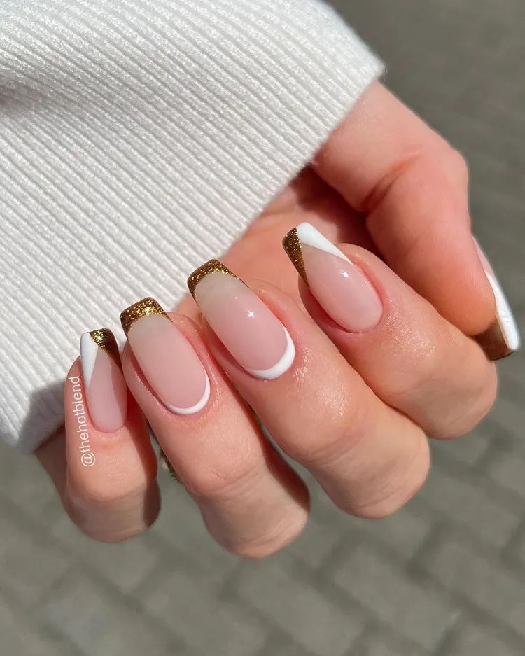 New Year S Eve Nude French With Gold Glitter Tips New Year S Eve Nude French With Gold Glitter Tips β NYE Nails 2027