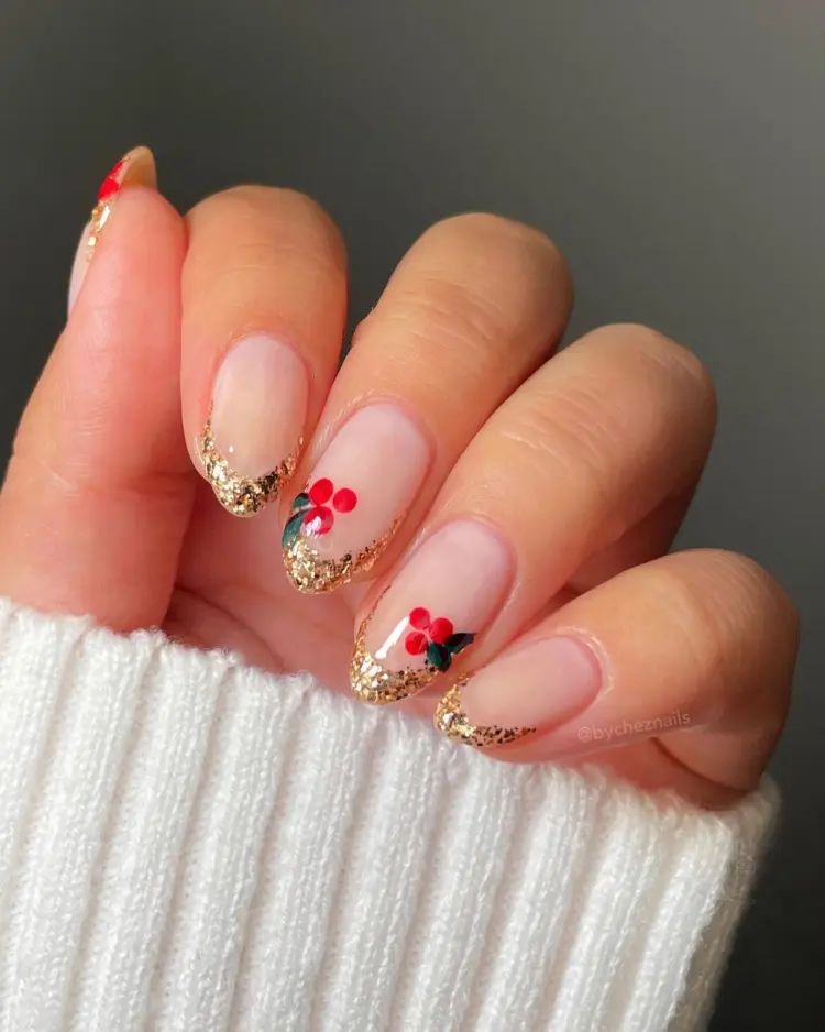 Sheer Nude With Gold Glitter French Tips Sheer Nude With Gold Glitter French Tips β NYE Nails 2027