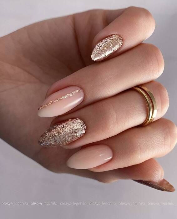 Nude With Full Glitter Accent Nails Nude With Full Glitter Accent Nails β NYE Nails 2027