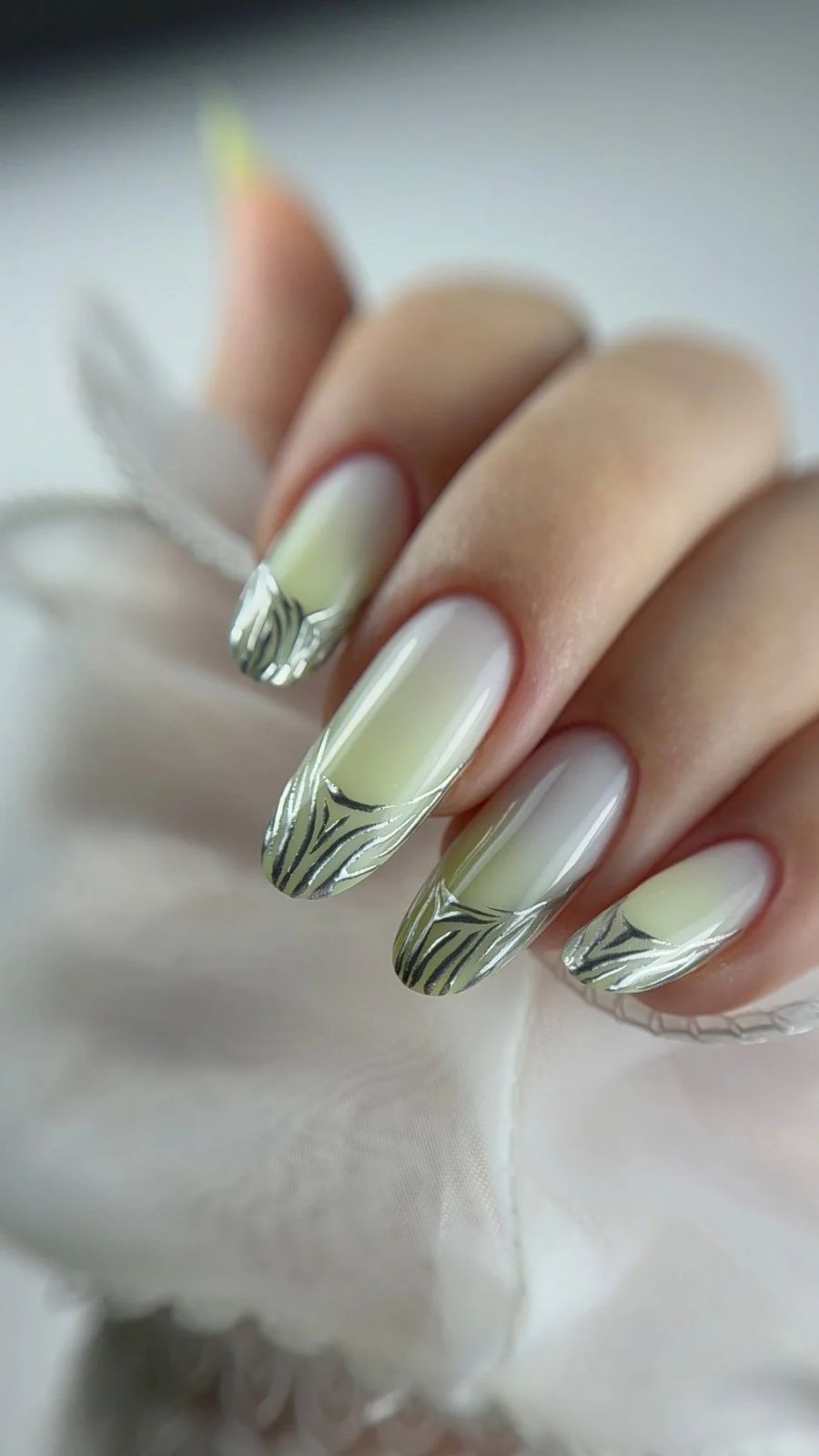Pale Yellow White Gradient Silver Art Stilettos Pale Yellow White Gradient Silver Art Stilettos β New Years Nail Designs 2027
