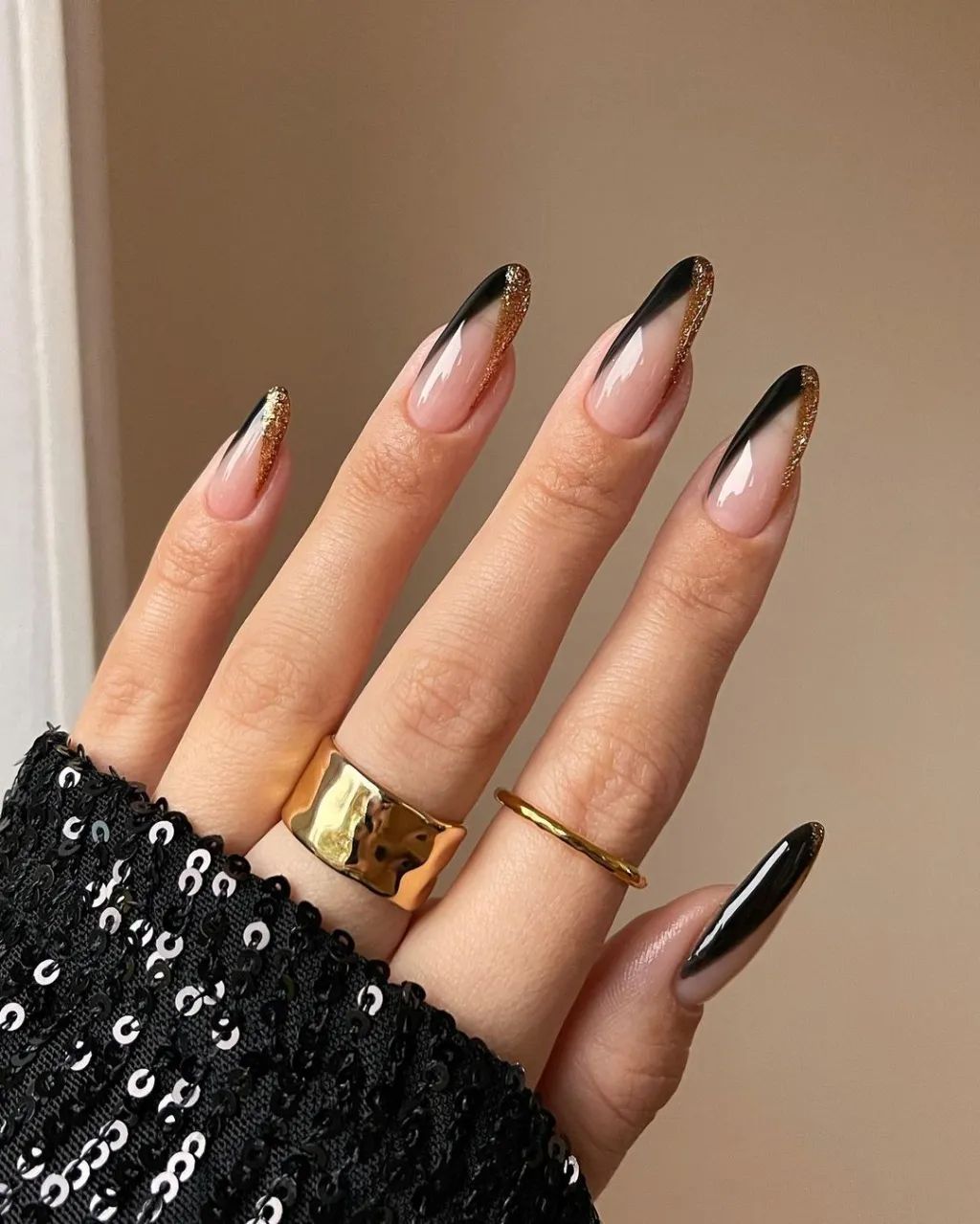 Black Gold Glitter Tip Stiletto Nails Black Gold Glitter Tip Stiletto Nails β New Years Nail Designs 2027