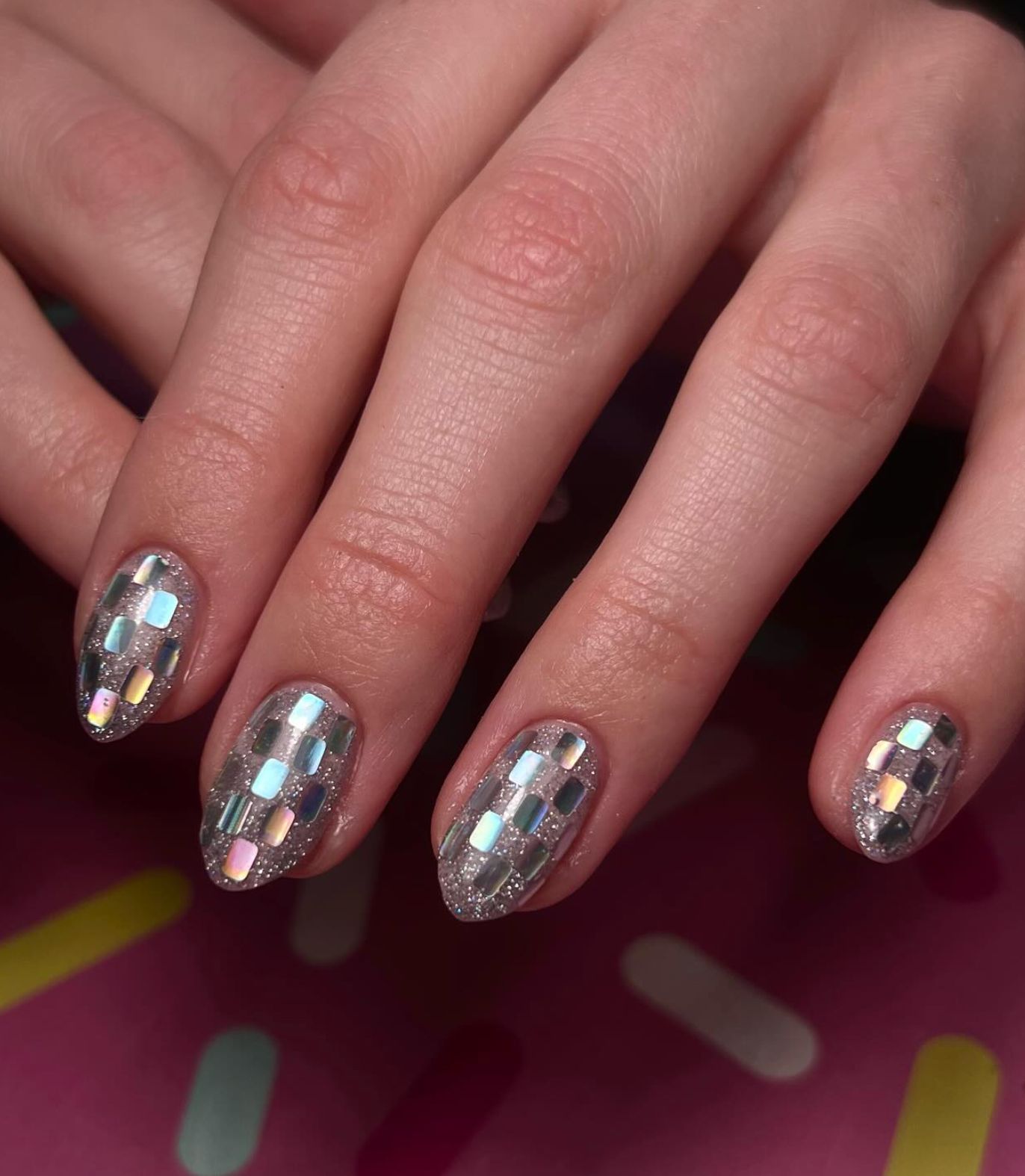 Silver Glitter Mosaic Short Almond Nails Silver Glitter Mosaic Short Almond Nails β New Years Nail Designs 2027