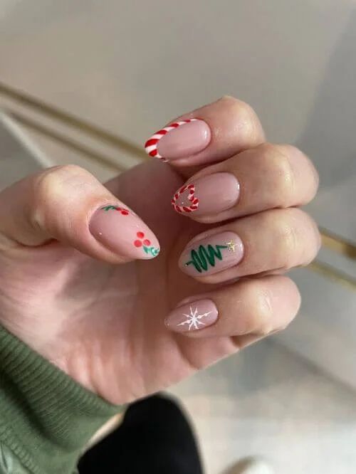 Candy Cane French Tips with Holiday Accents — Easy New Years Nails 2027