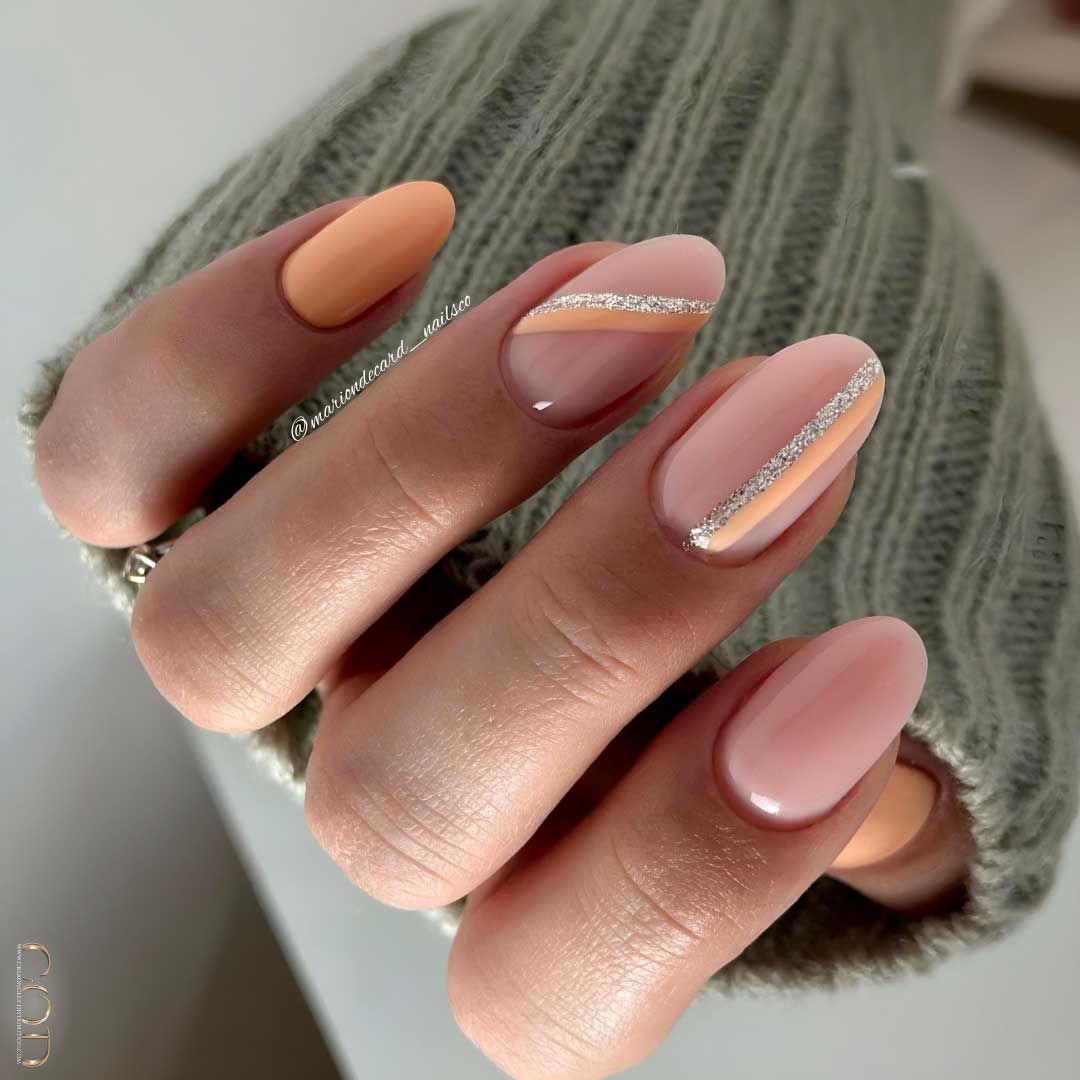 Pink and Peach with Diagonal Glitter Stripe — Easy New Years Nails 2027