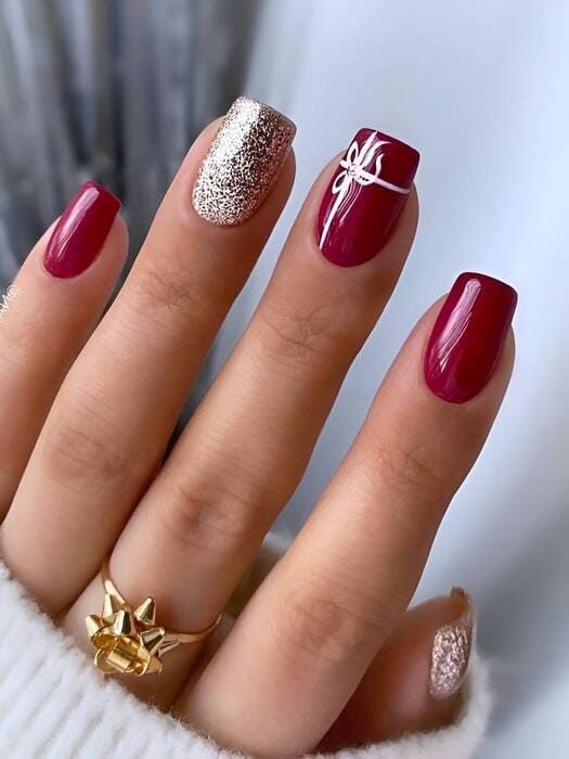 Deep Red White Bow Short Oval — Cute New Years Nails 2027