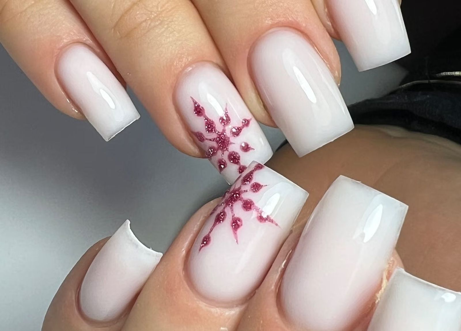 Milky White Glitter Snowflake Square — Cute New Years Nails 2027